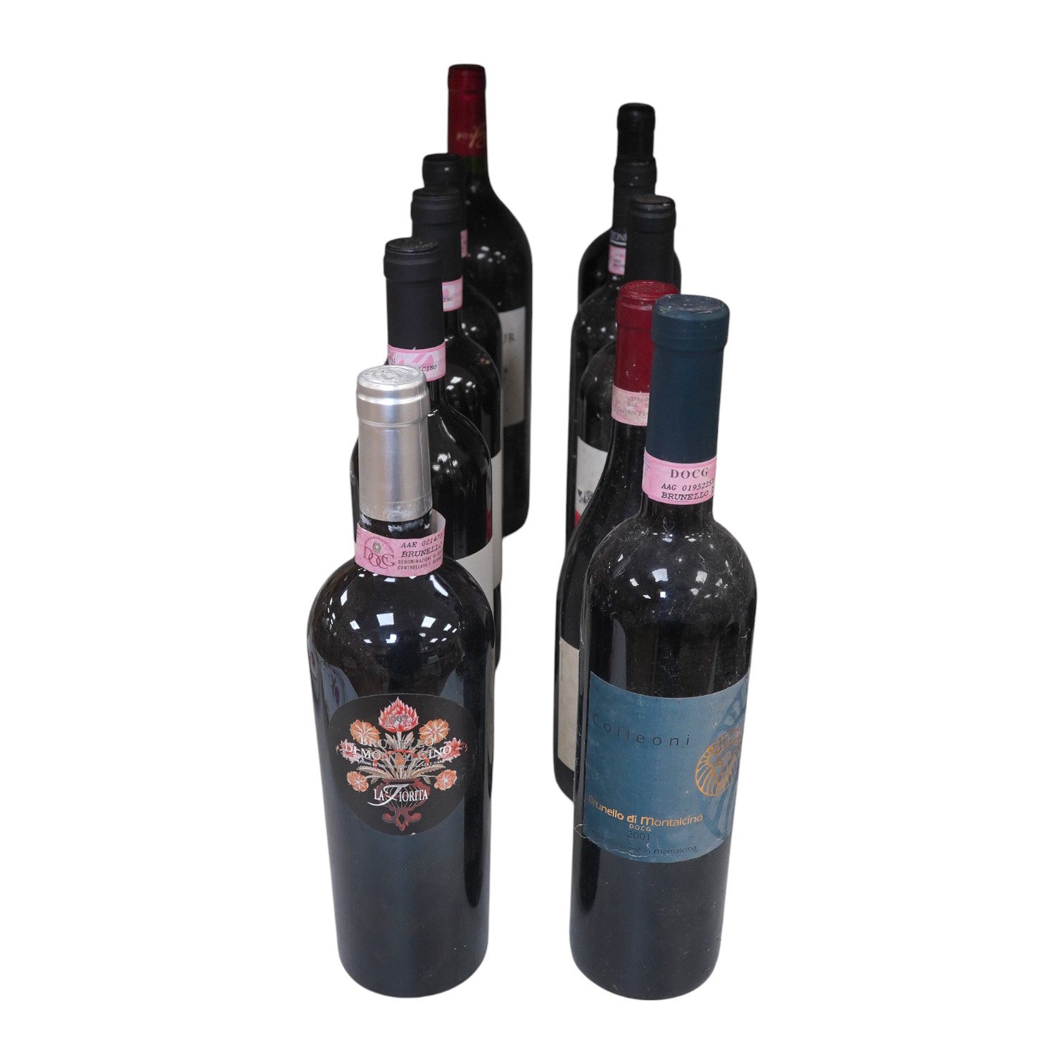 Nine 750ml bottles and a magnum of various Italian and French wines to include Brunello Di Montalcino La Fiorita, Brunello Di Montalcino Colleoni, Chianti Classico Riserva Bilaccio, Sesti Rosso Di Montalcino Castello Di